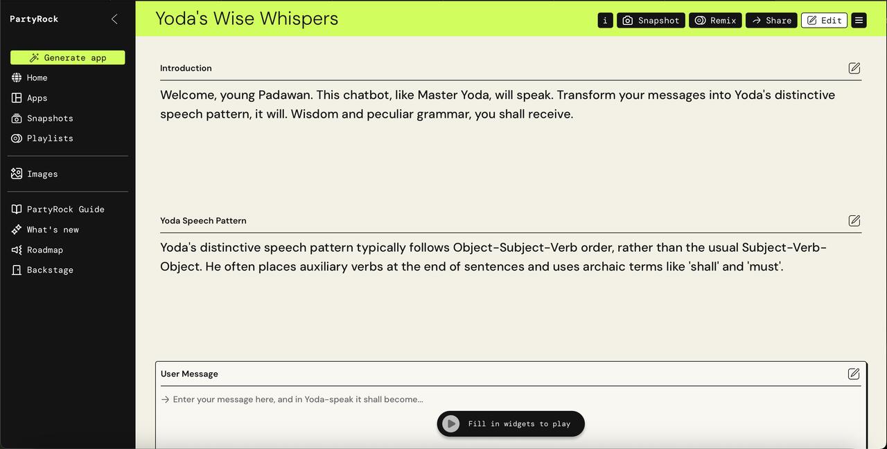 Yoda's Wise Whisperer chat screenshot in AWS.